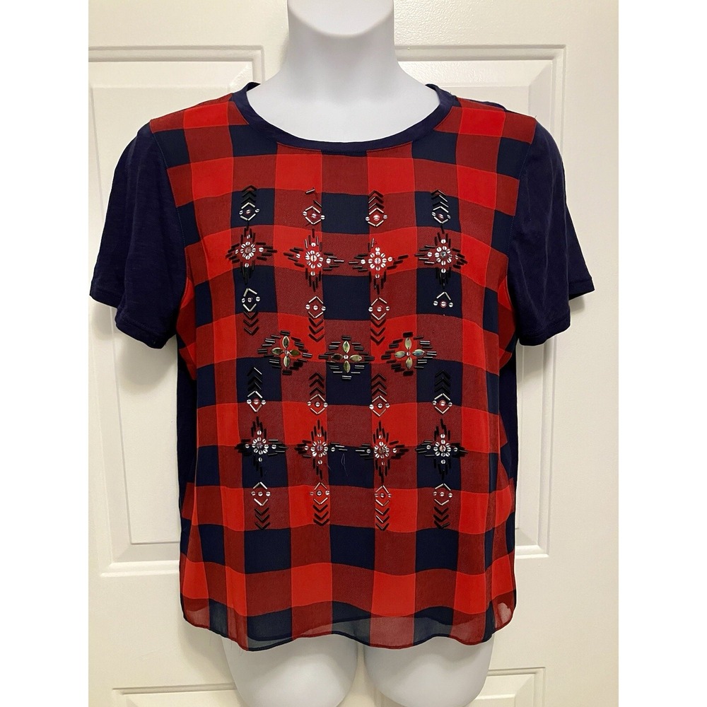 J Crew Women's Beaded Lumberjack Buffalo Plaid Size XL Blouse Shirt Red Blue